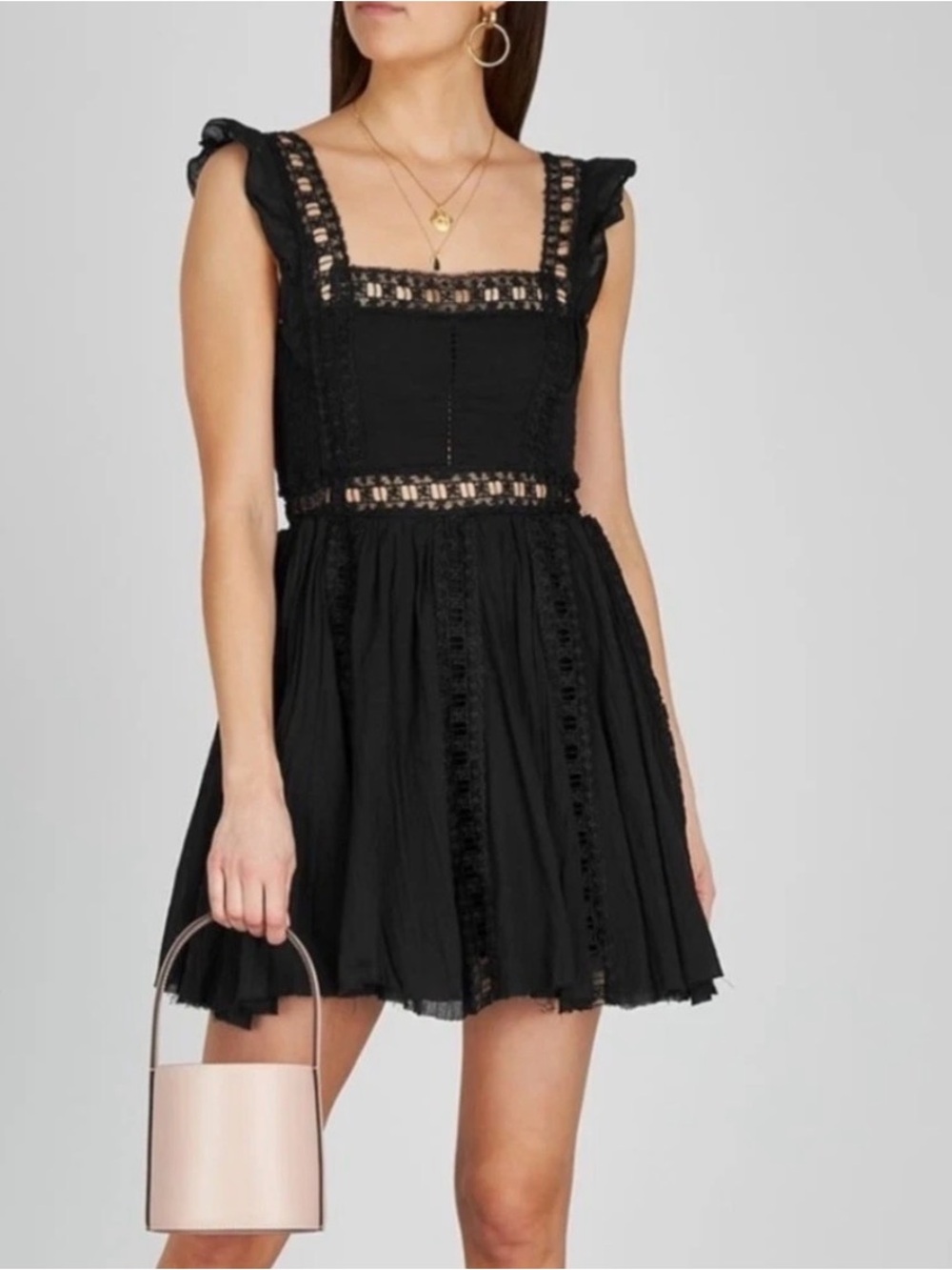 Free People Verona Lace Trim Mini Dress Size S Black Boho Summer Romantic Flirty